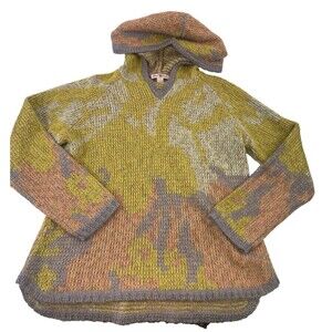 April Cornell Hooded Sweater Pullover Knit Yellow Purple Geometric Womens Large